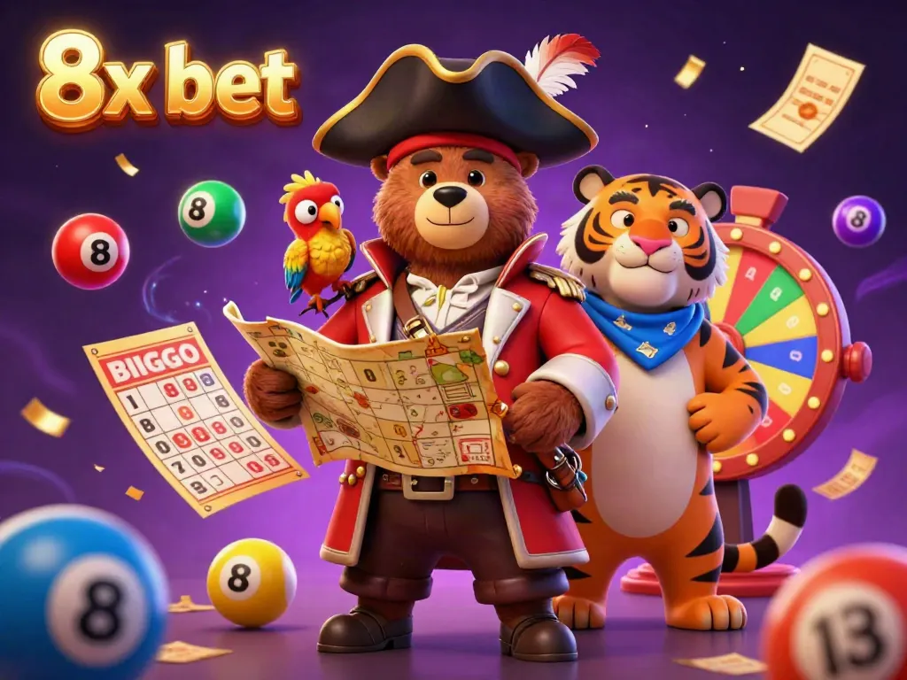 Experience the thrill of the casino in this vibrant scene featuring the 8x bet pirate captain alongside a treasure map and colorful gambling elements.