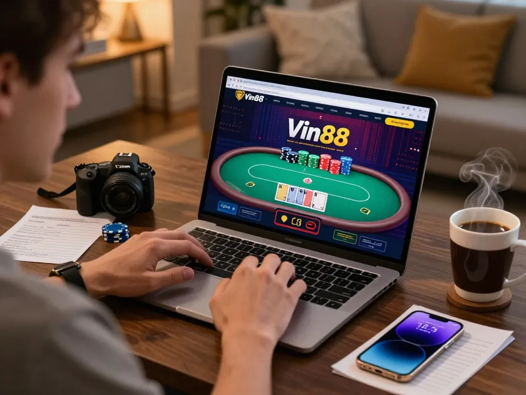 Play poker at Vin88 with a live dealer, showcasing strategic gameplay in a cozy home setting.