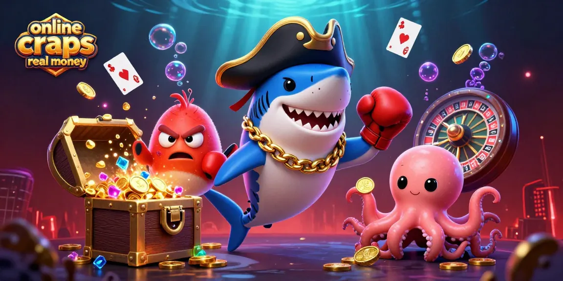 Score big with online craps real money as the pirate shark, pufferfish, and octopus celebrate in a vibrant casino.