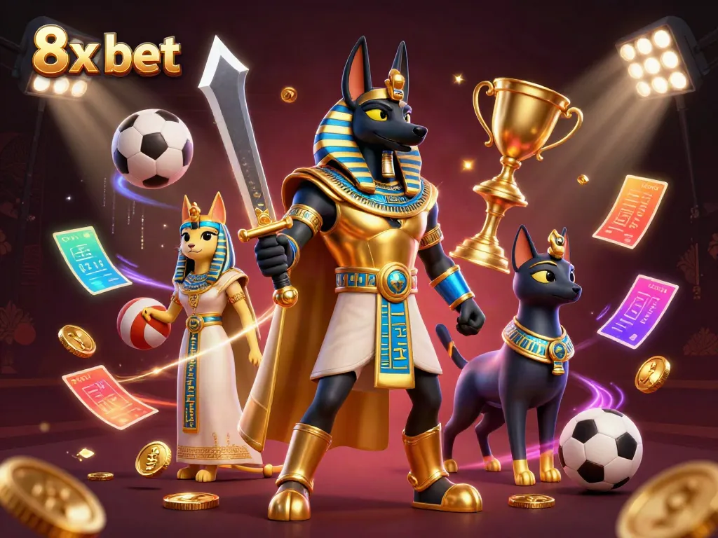 Engage in sports betting excitement with 8x bet surrounded by dynamic game elements and ancient Egyptian warriors.