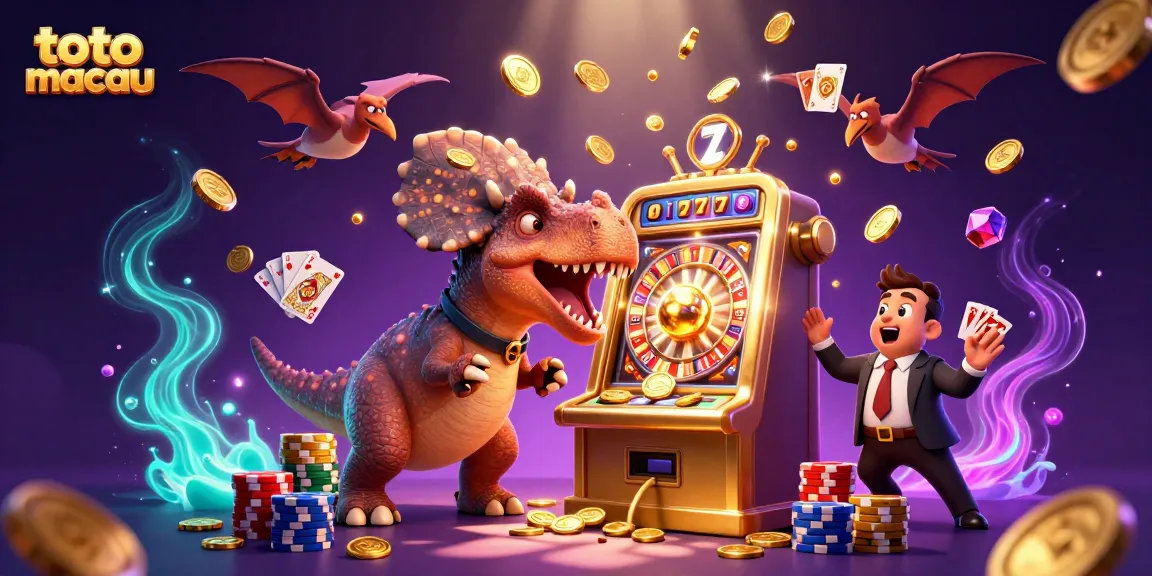 Taruhan toto macau dengan kepala pachycephalosaurus dan mesin slot emas menghasilkan koin jackpot.