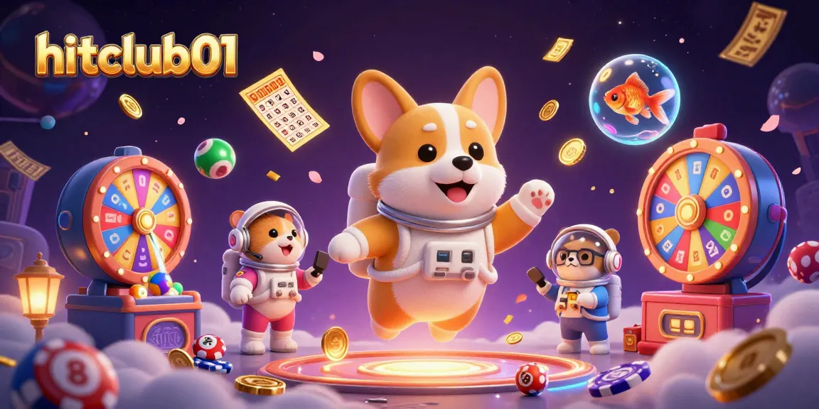 Win big with hitclub01 in a vibrant 3D casino scene featuring cosmic elements and animated characters.
