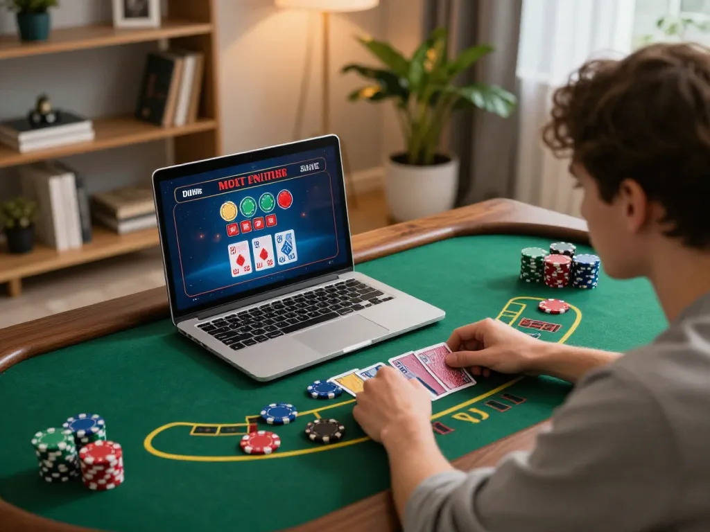 gg88 pro player engaging in an online blackjack game while seated at a cozy workspace, showcasing strategy and comfort.