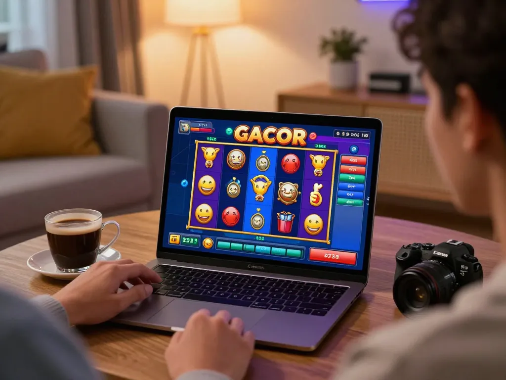 Player immersed in a slot gacor online game at home, showcasing engaging gameplay and cozy ambiance