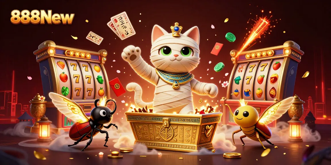 Experience thrilling slots action with 888New in a vibrant 3D casino illustration.