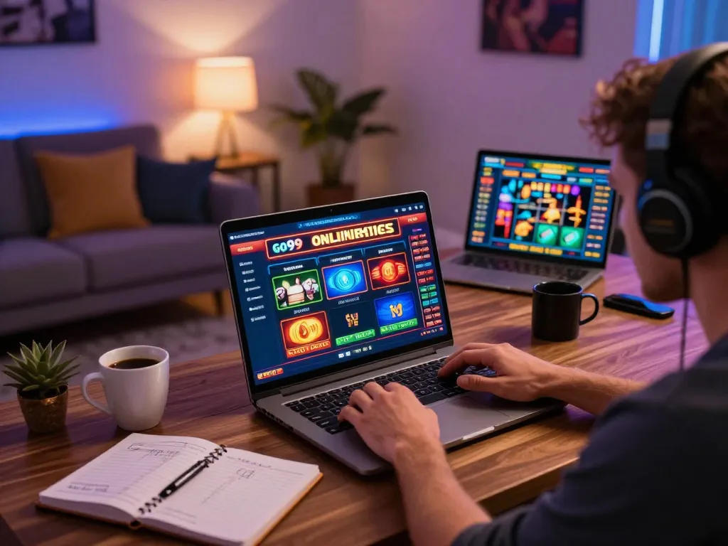 Player enjoying slots on Go99 platform in a cozy home office setting with strategic notes and a coffee.