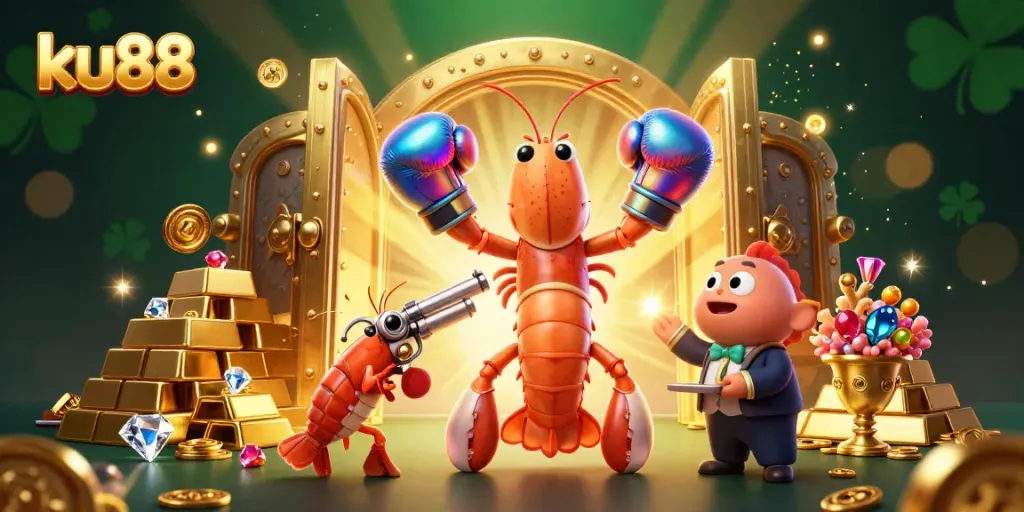 Engage in the excitement of ku88 with vibrant casino-themed 3D illustration featuring treasure and game elements.