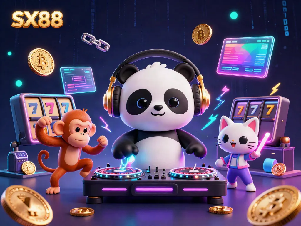 SX88 showcases a vibrant casino scene with a DJ panda, breakdancing monkey, and rave kitten amid dynamic gaming elements.