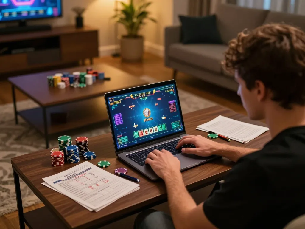 Engaging player enjoying tài xỉu online while analyzing strategy notes and poker chips