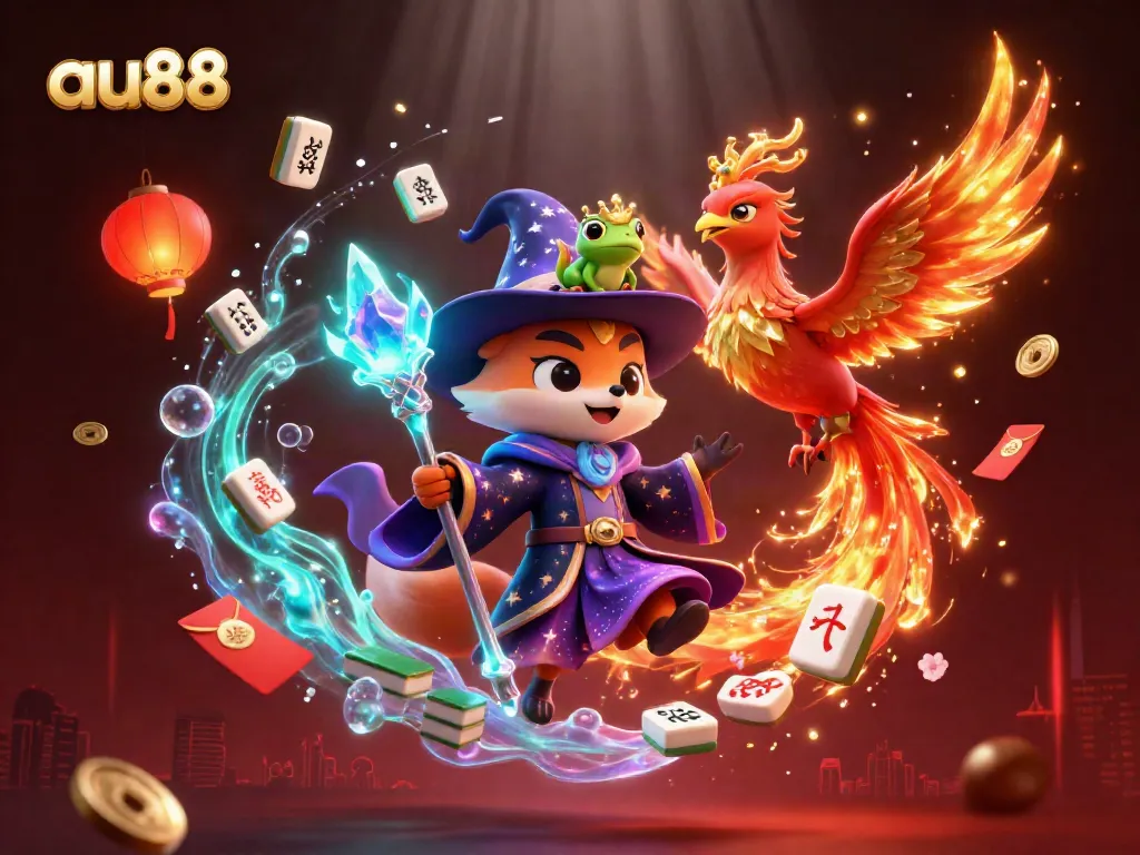 Experience gaming magic at au88 with a wizard fox and phoenix in a vibrant casino scene.