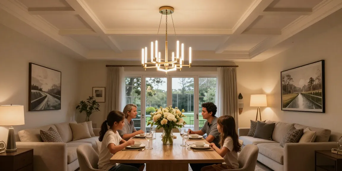 Candelabru living elegant în sufragerie modernă cu lumină caldă și familie la masă.