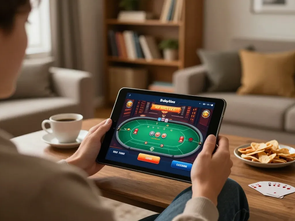 Engaging in poker gameplay on 8day casino app in a cozy home setting.