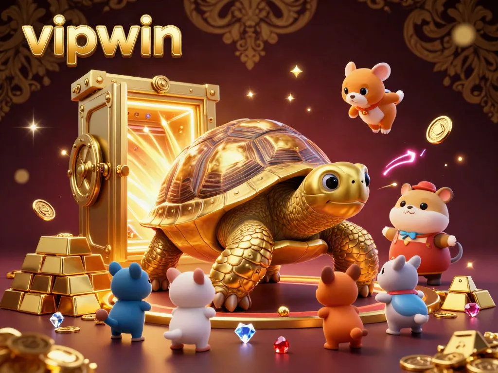 Experience thrilling gameplay at vipwin with a whimsical golden tortoise pinball machine and treasure-filled scene.