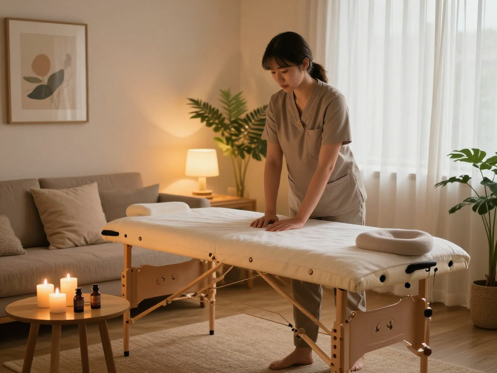 Relaxing home atmosphere for 화성출장안마 with massage therapist preparing a cozy space.