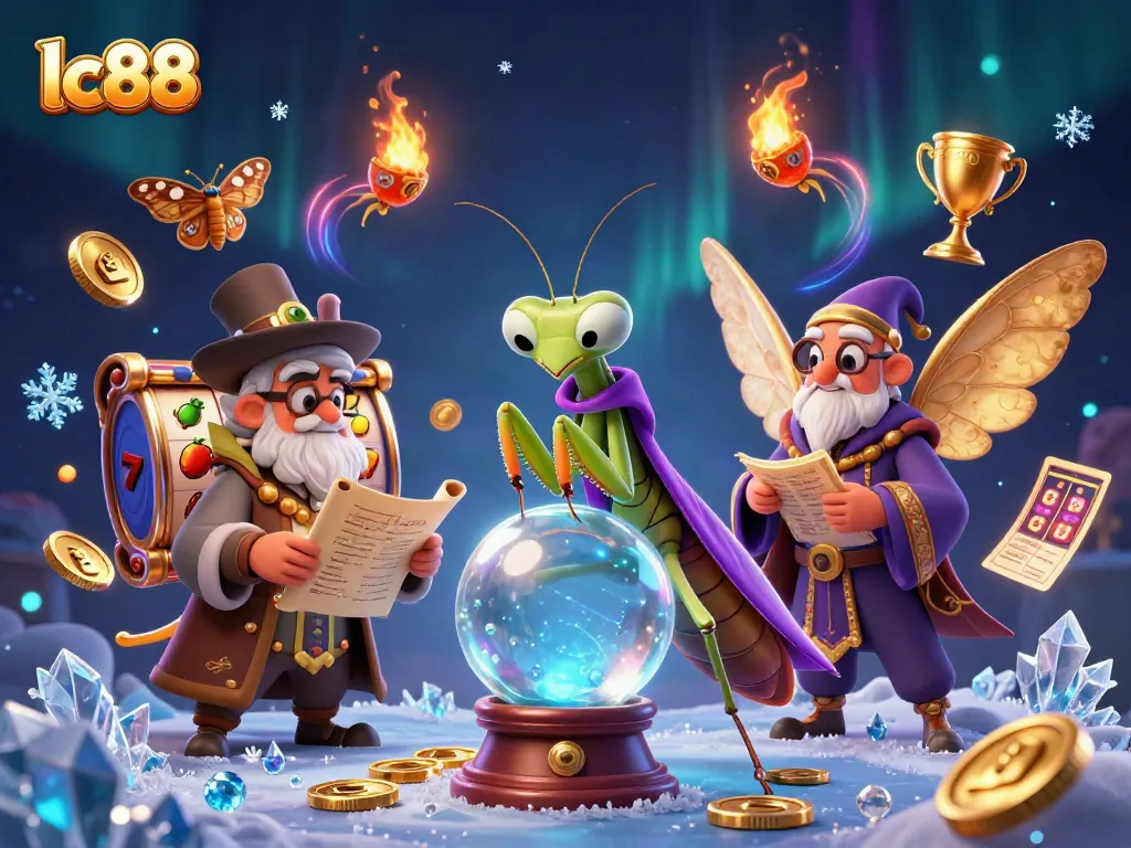 Spin the reels at lc88 with vibrant symbols of luck and fortune in a mystical casino illustration.