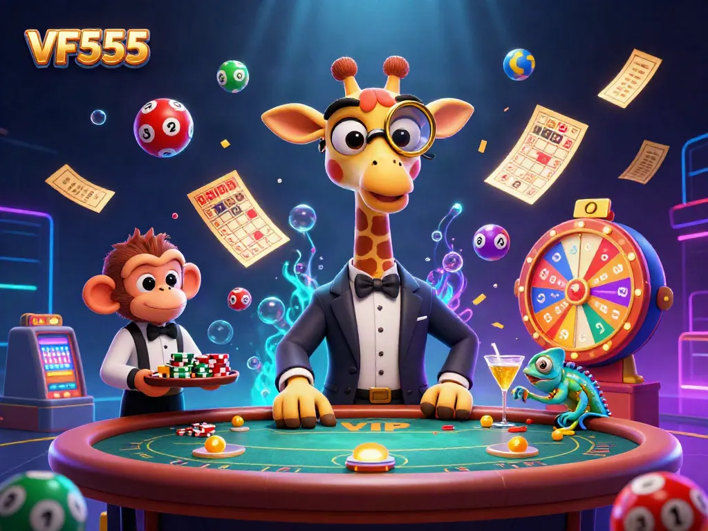 Experience the thrilling VF555 casino scene with a high-roller giraffe, monkey valet, and chameleon bartender surrounded by vibrant game elements.