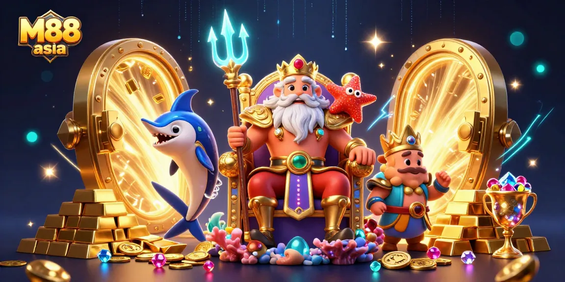 M88 asia invites players to unlock treasures in this vibrant casino scene featuring sea king Neptune.