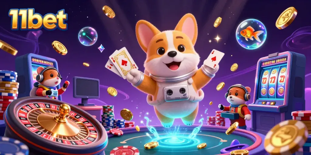 Experience thrilling gaming action with 11bet in a vibrant space casino scene full of floating treasures.