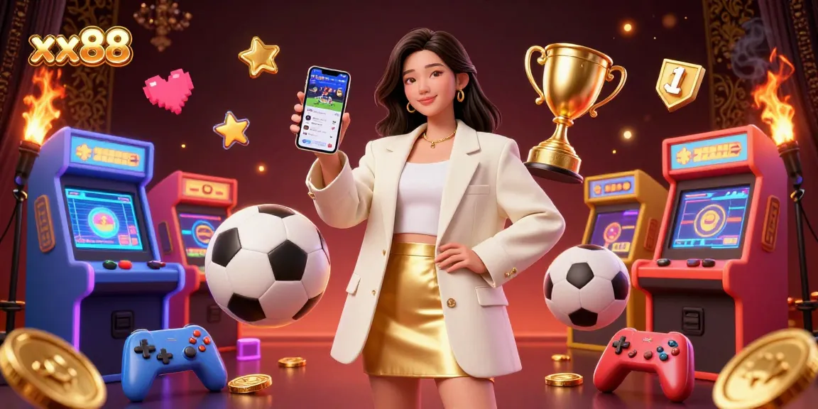 Experience thrilling gameplay and sports betting excitement at xx88 with a lively scene of an Asian woman engaging with a mobile app surrounded by dynamic gaming elements.