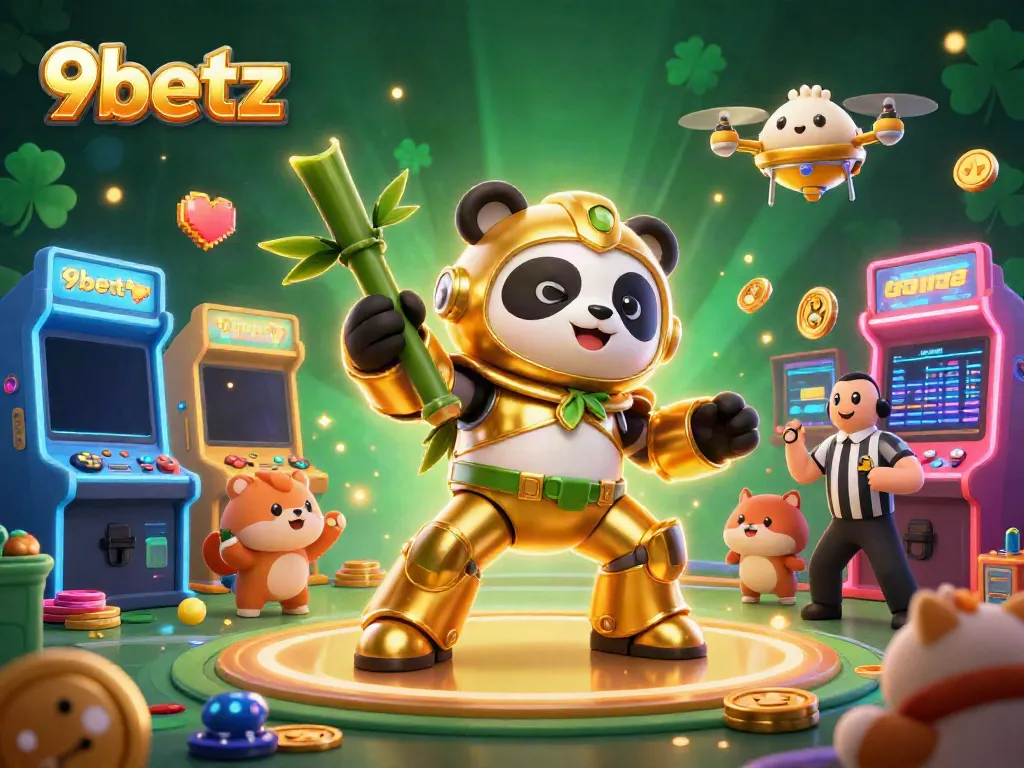 Witness thrilling gameplay at 9betz with a vibrant 3D online casino scene featuring a golden panda mech.