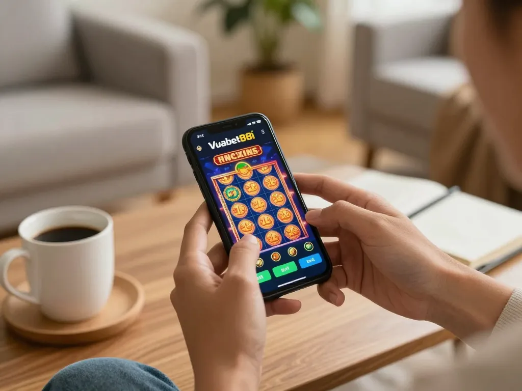 Players enjoy thrilling slots on the Vuabet88i app with a cozy gaming setup, highlighting relaxed yet strategic online gambling.