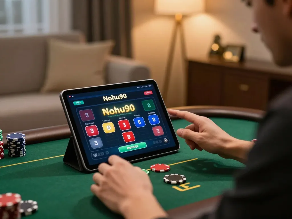Nohu90 online casino gameplay with a user strategically making decisions on a tablet in a cozy setup