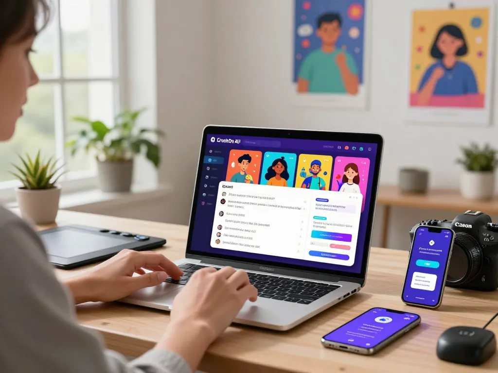 Engaging user interaction with CrushOn AI on a sleek laptop, showcasing vibrant character avatars and customization features.