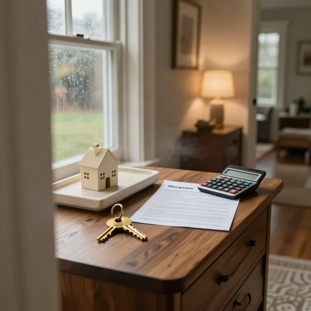 Foyer table with key, tray, house paperweight and face-down calculator by rain-blurred glass.