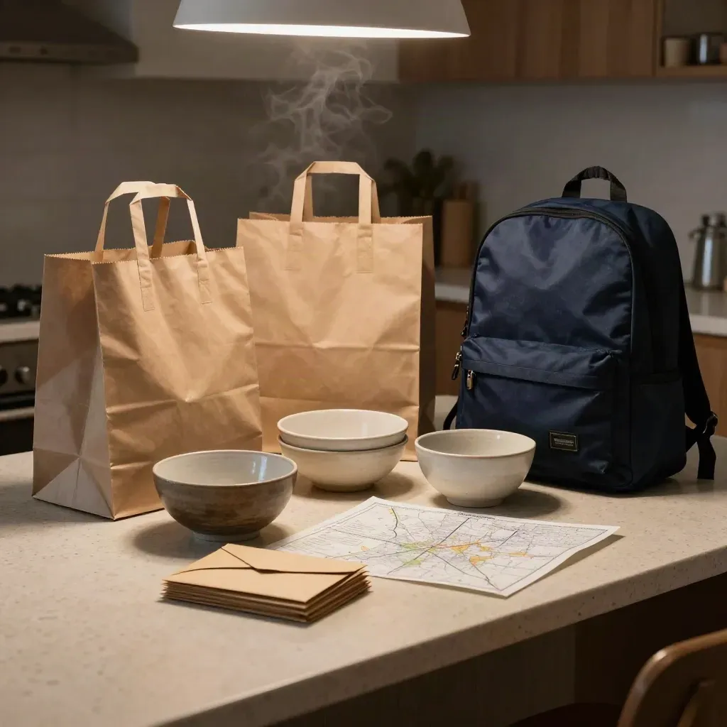 Evening kitchen table with groceries, bowls, envelopes, and a navy backpack in moody light.