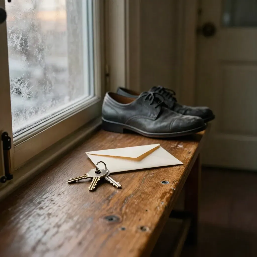 Keys, sealed envelope and shoes on a front hall bench beside a frosted window.