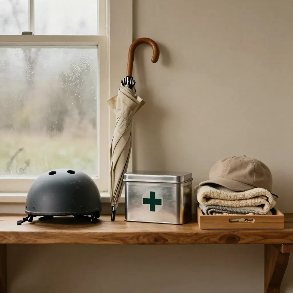 Mudroom shelf with umbrella, bike helmet, first-aid tin, and folded blanket in soft haze.