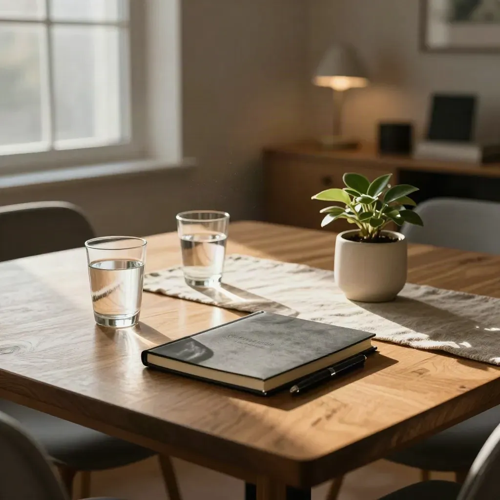Quiet advisory meeting table with glasses, notebook, pen, and small plant in warm afternoon light.