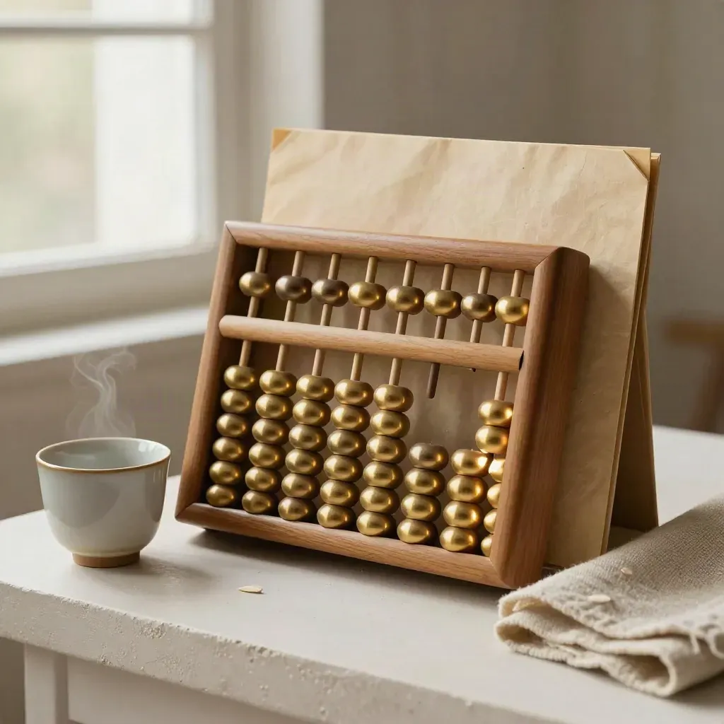 Brass abacus with folder, ceramic cup and linen on a plaster sweep for taxes.