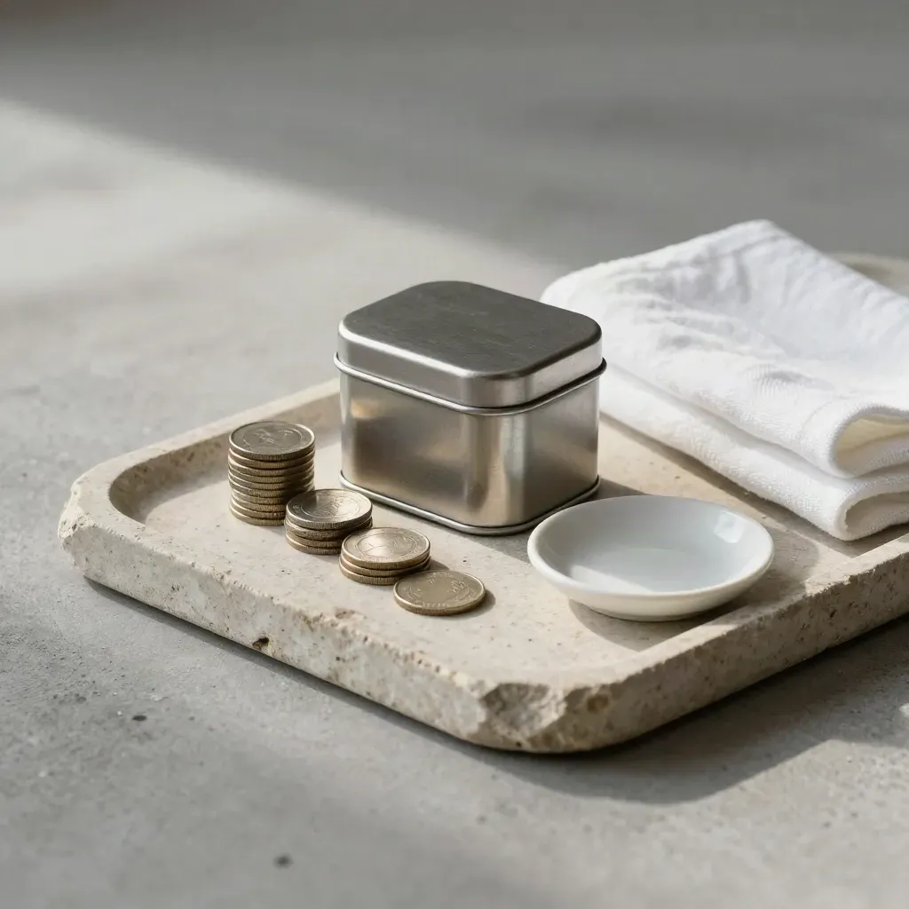 Cash tin and three coin stacks on a stone tray with a white cloth, softly lit from above.