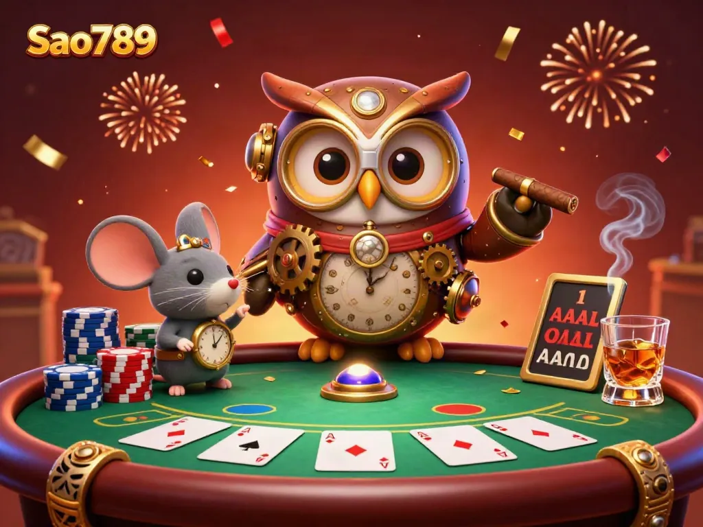 Sao789 showcases a dynamic casino illustration with a time-traveling owl and poker elements, perfect for engaging players.