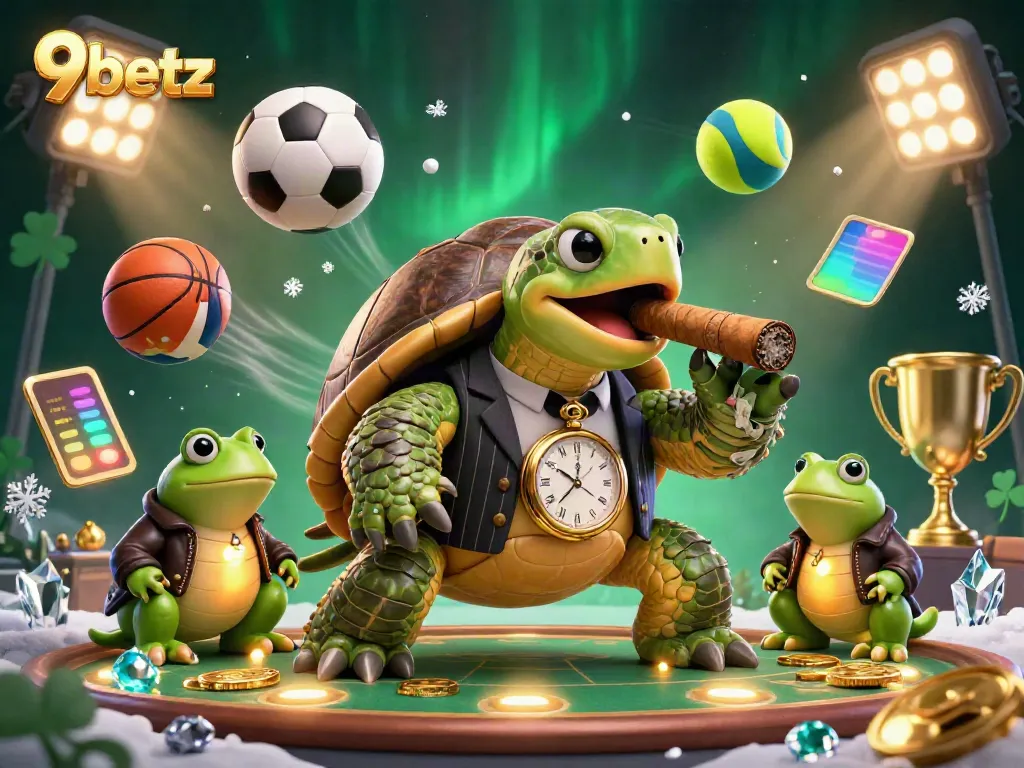Bet and win with 9betz in an exciting, colorful casino illustration featuring a mobster turtle and bullfrog enforcers.