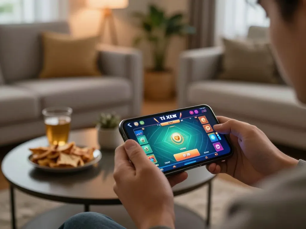 Engaging in a tài xỉu online game on smartphone amid a cozy home setting