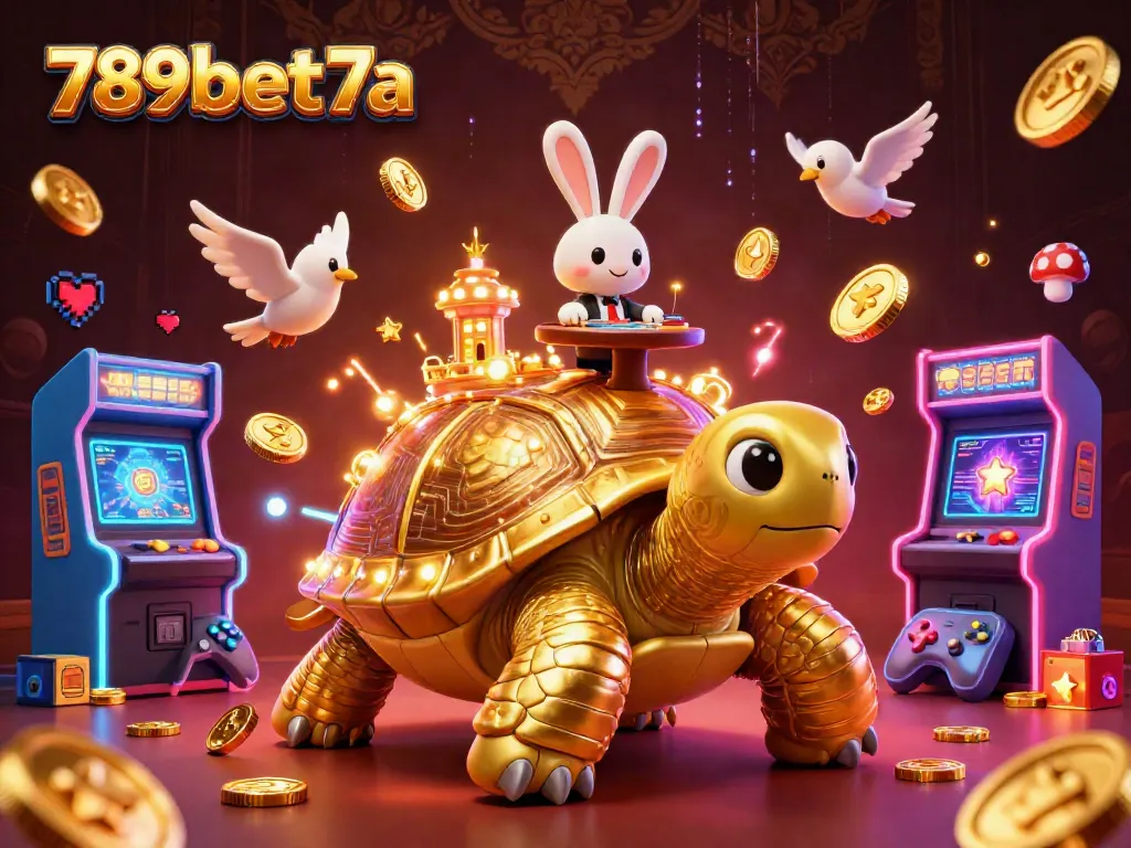 Experience thrilling gameplay at 789bet7a with a vibrant casino scene featuring a golden tortoise and bird dealers.