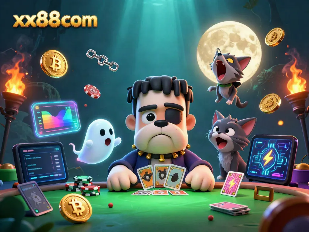 Engage with xx88com's vibrant 3D casino scene featuring a bulldog dealer, ghost mouse, and gold moon.