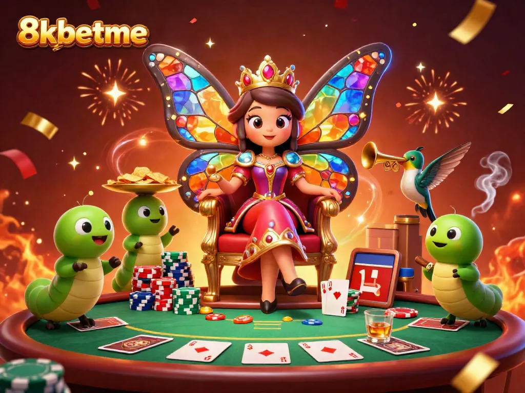 Experience thrilling casino action with 8xbetme's vibrant illustration showcasing colorful poker elements and enchanting characters.