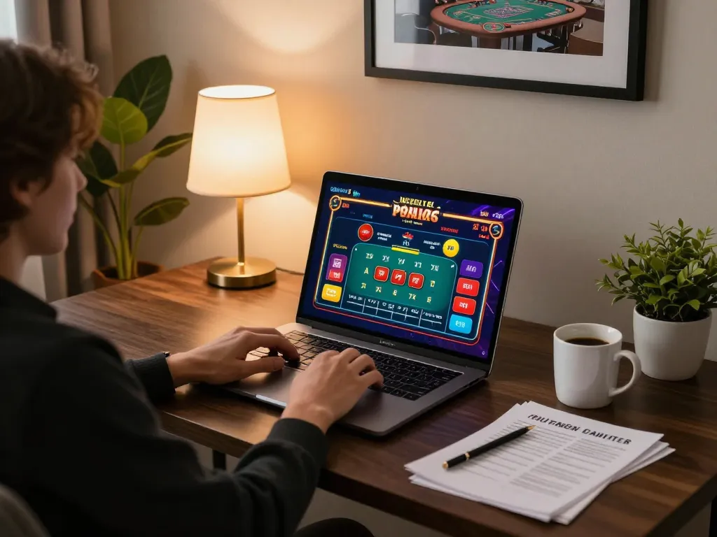 Engaged player using UU 88 online betting platform at home, highlighting strategic gameplay with laptop and notes.