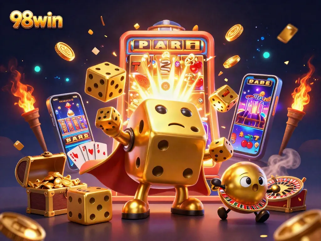 Engage in thrilling casino action with 98win's vibrant 3D dice and game elements.