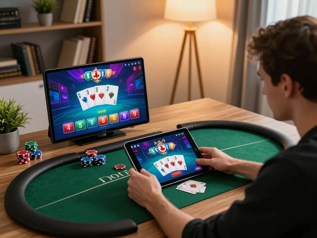 SUNWIN online casino gaming setup featuring a player engaged in poker strategy with tablet and warm lighting.