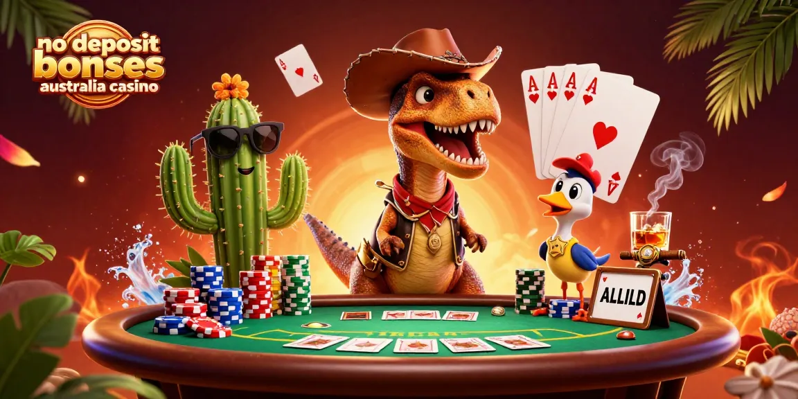 No deposit bonuses Australia casino illustrated scene with a dinosaur, cactus, and roadrunner at a poker table.