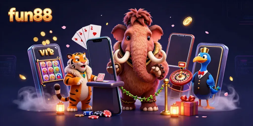 Experience fun88 excitement with a woolly mammoth bouncer, saber-tooth VIP, and dodo doorman in a vibrant casino scene.