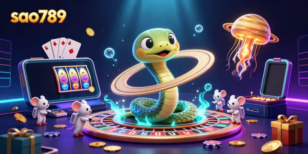 Sao789 entertainment scene with a Saturn ring snake roulette and astronaut mice betting among vibrant casino elements