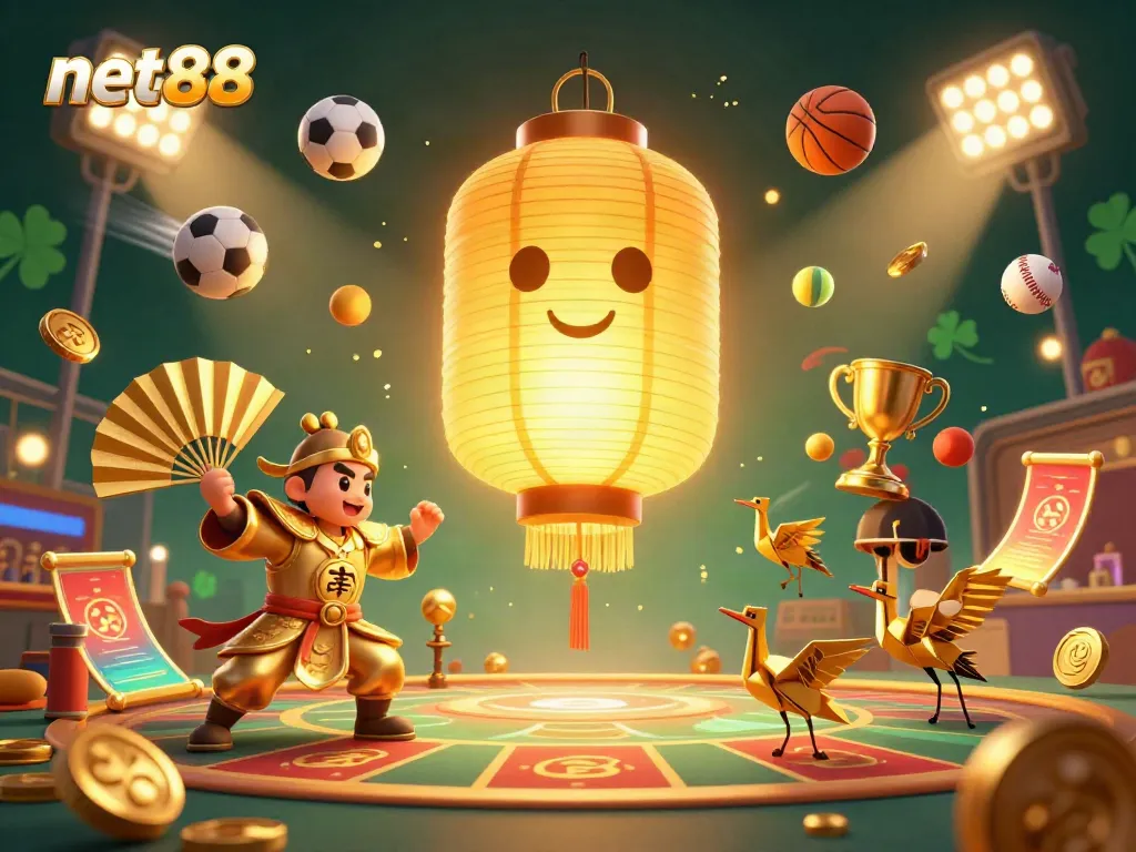 Experience net88's engaging sports betting scene with dynamic golden lanterns and vibrant game elements.