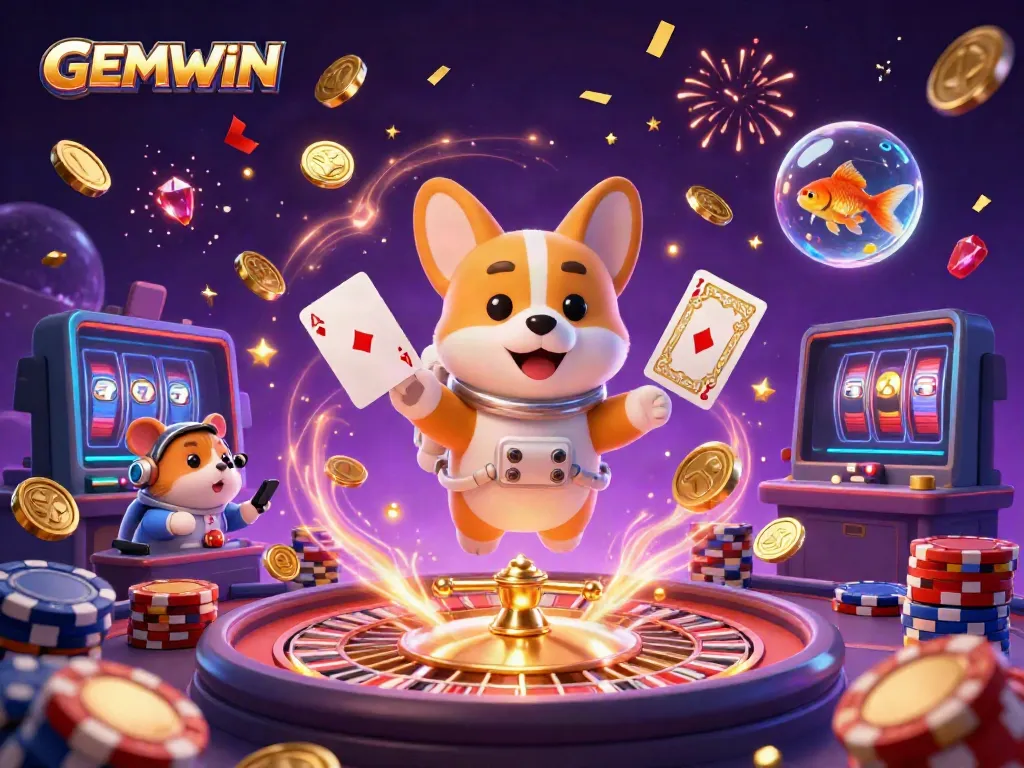 Experience the excitement of GEMWIN with a 3D cartoon scene inside a casino filled with action and vibrant characters.