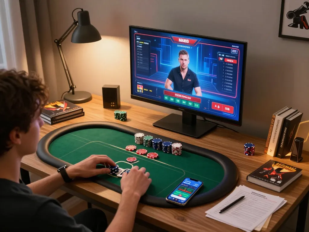 Lu88 player enjoying poker online with tablet and strategy notes at home.