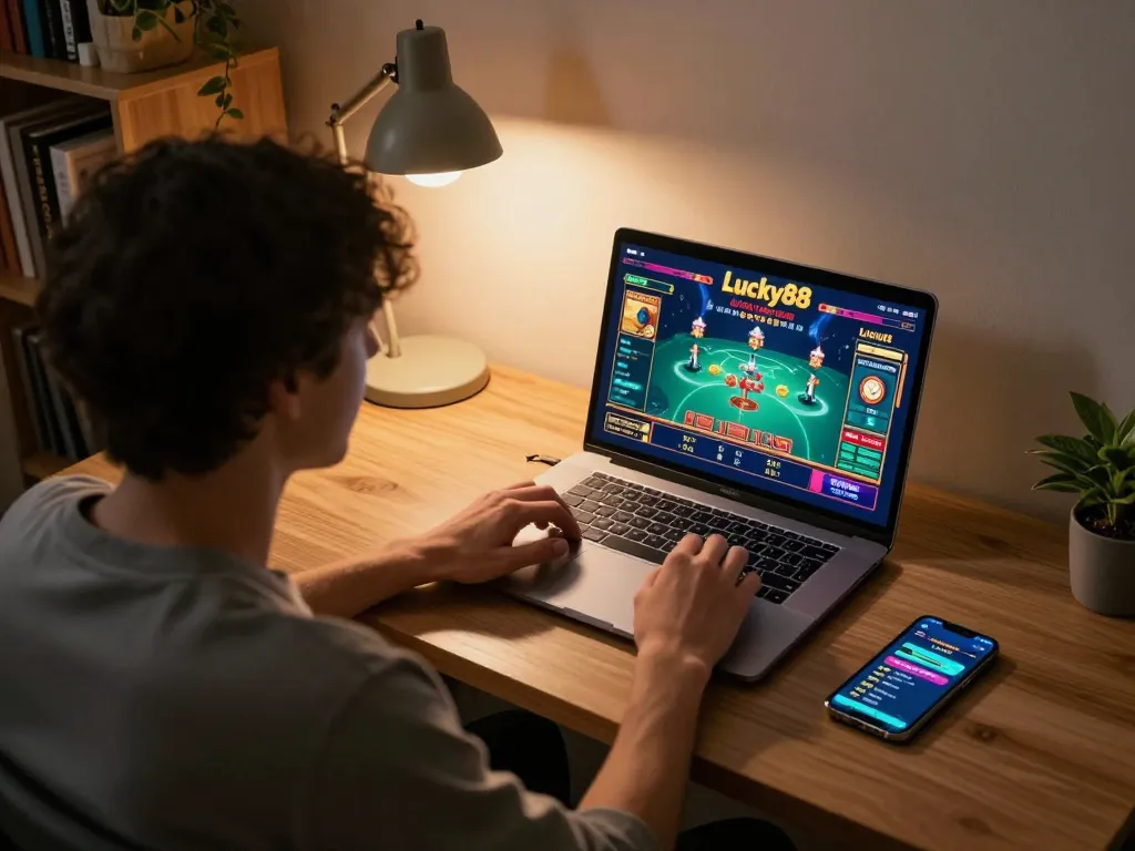 Engaged player enjoying Lucky88 casino online game with strategic focus on laptop screen.